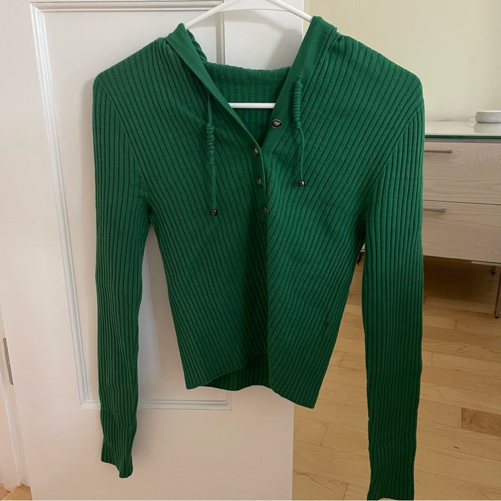 Women’s Cropped Dark Green Ribbed Sweater Hoodie Size XS-S